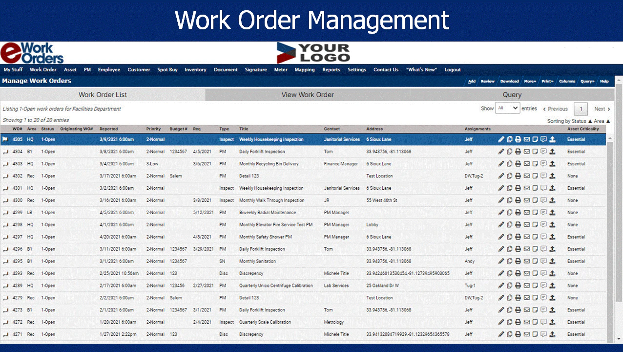 screenshot of eWorkOrders CMMS